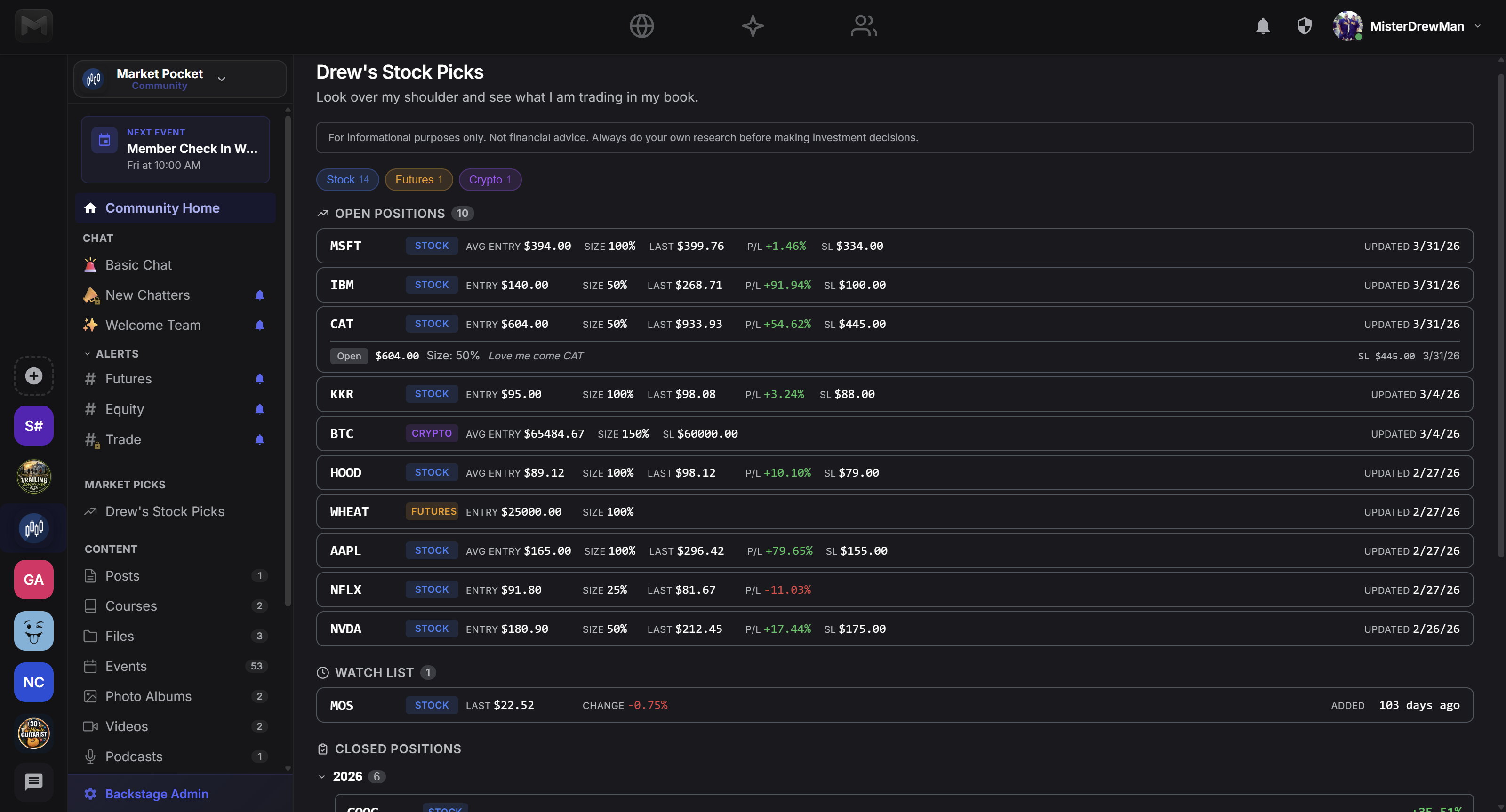 MemberPad Stock Picks list showing live open positions with entries, sizes, stop-losses and a watch list
