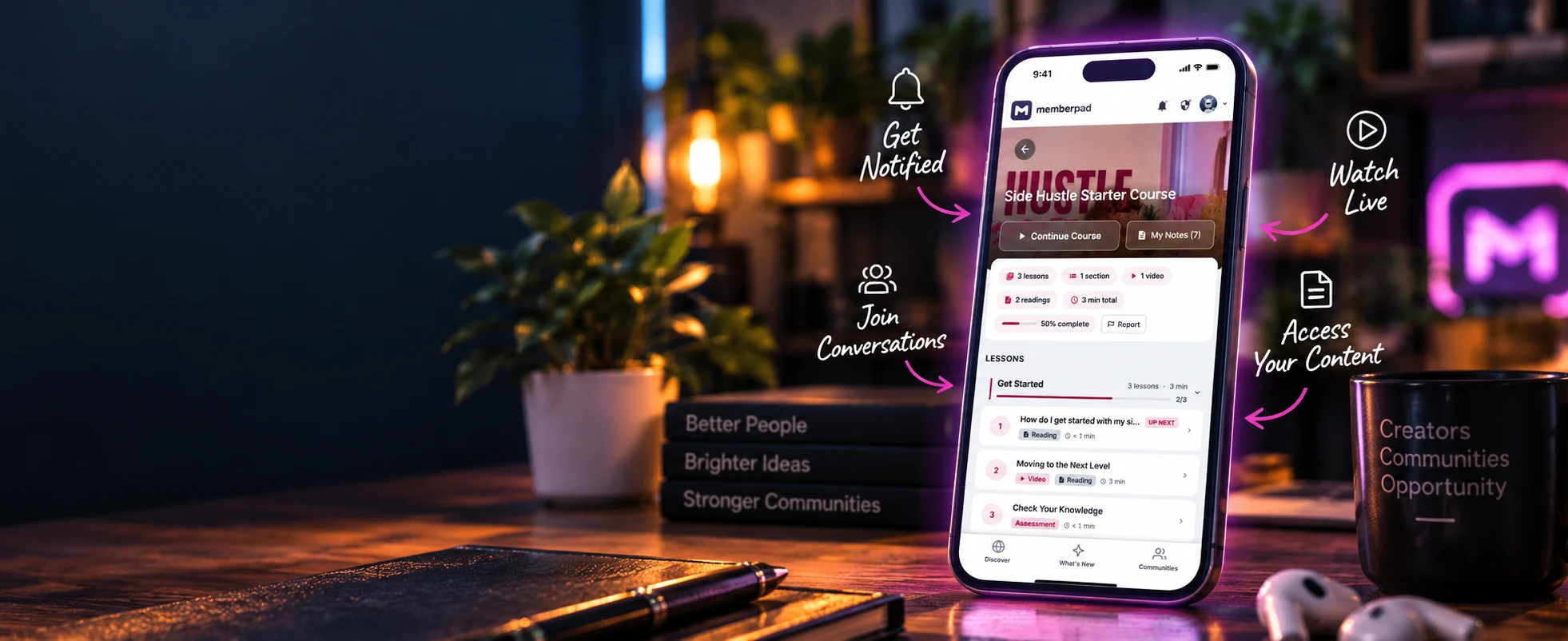 The MemberPad app on a phone, open on a course and its lessons