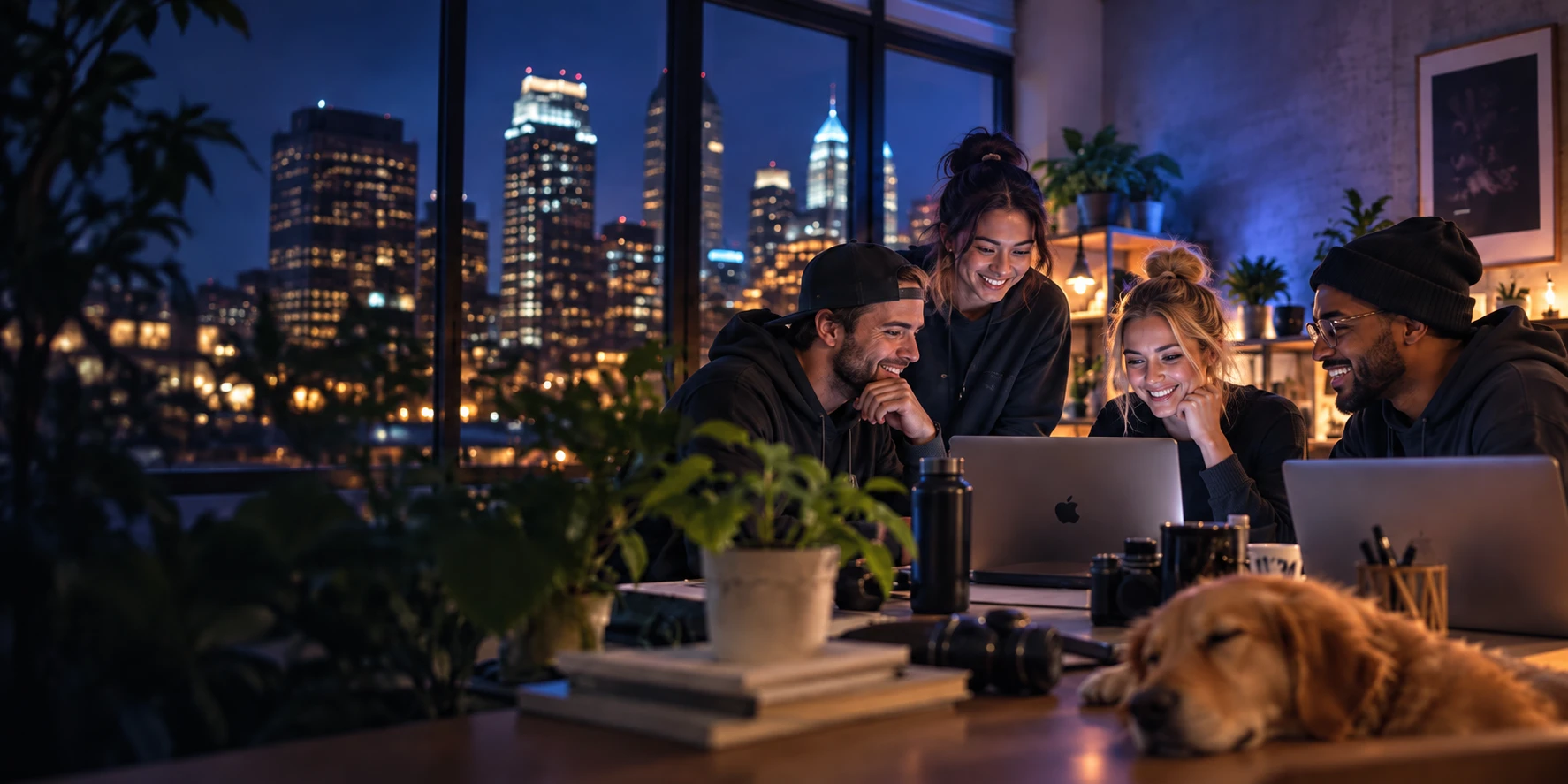Four teammates in hoodies smiling over a laptop at night, a city skyline through the window behind them and a golden retriever dozing on the table