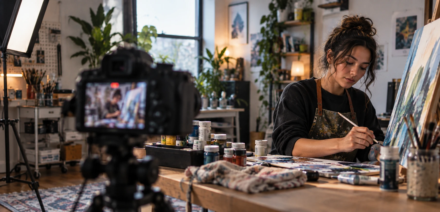 An artist painting at an easel in a warm studio full of plants, filmed by a camera on a tripod in the foreground, paint jars and a palette on the table