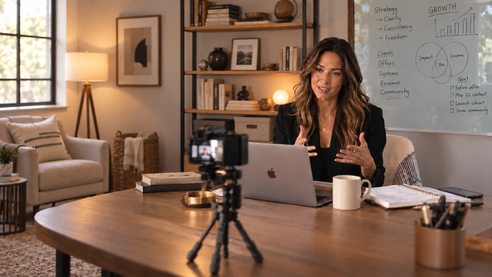 A business coach at a desk in a warm home office, talking to a camera on a tripod across a laptop and a coffee mug, a whiteboard behind mapping clients, offers, systems, revenue and community