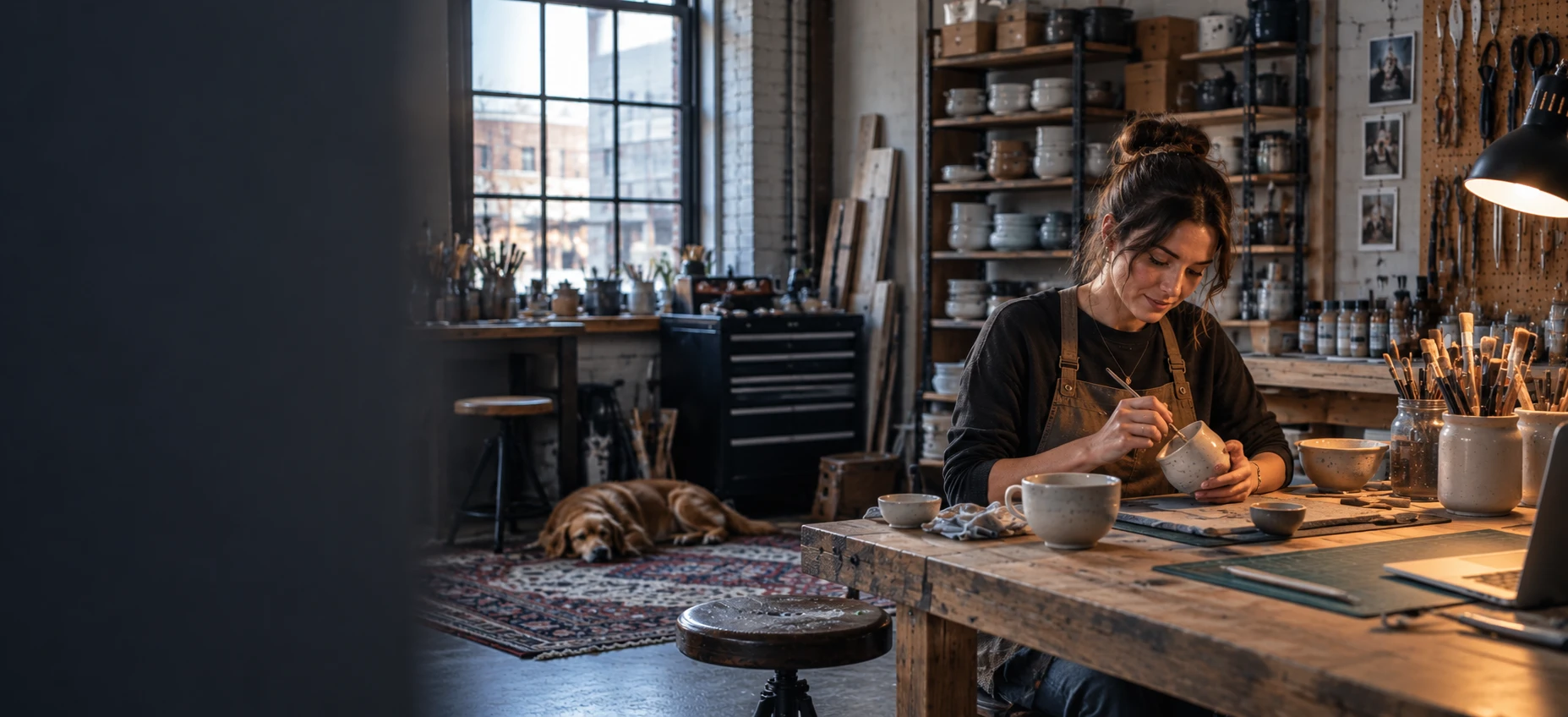 A maker in a dark sweater and a brown apron painting a speckled mug with a fine brush at a worn wooden workbench in a loft studio, bowls, jars of brushes and a laptop on the bench, shelves of stoneware, glaze bottles and a pegboard of tools behind, and a golden retriever lying on a rug by the window