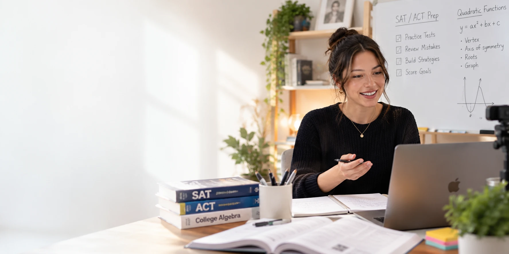A tutor at a desk in a sunlit room, smiling at a laptop with a pen in hand, a stack of SAT, ACT and College Algebra books on the desk and a whiteboard of test prep notes and a quadratic function behind