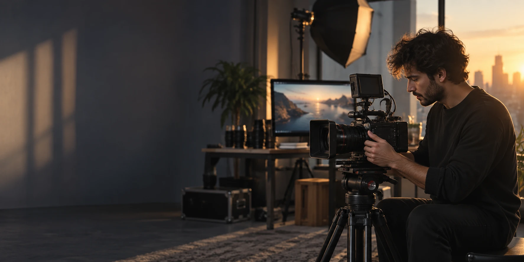 A filmmaker in a black sweater framing a shot on a cinema camera on a tripod in a studio at sunset, a softbox and a monitor showing a coastline behind, lenses on the desk, and a city skyline in the window