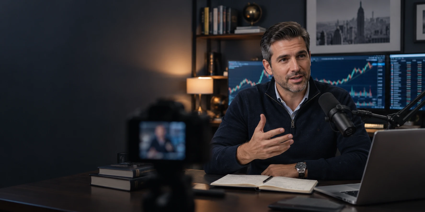 A market educator at a desk in a dark home studio, talking to a camera with one hand raised, a podcast mic on its arm and live candlestick charts across three monitors behind