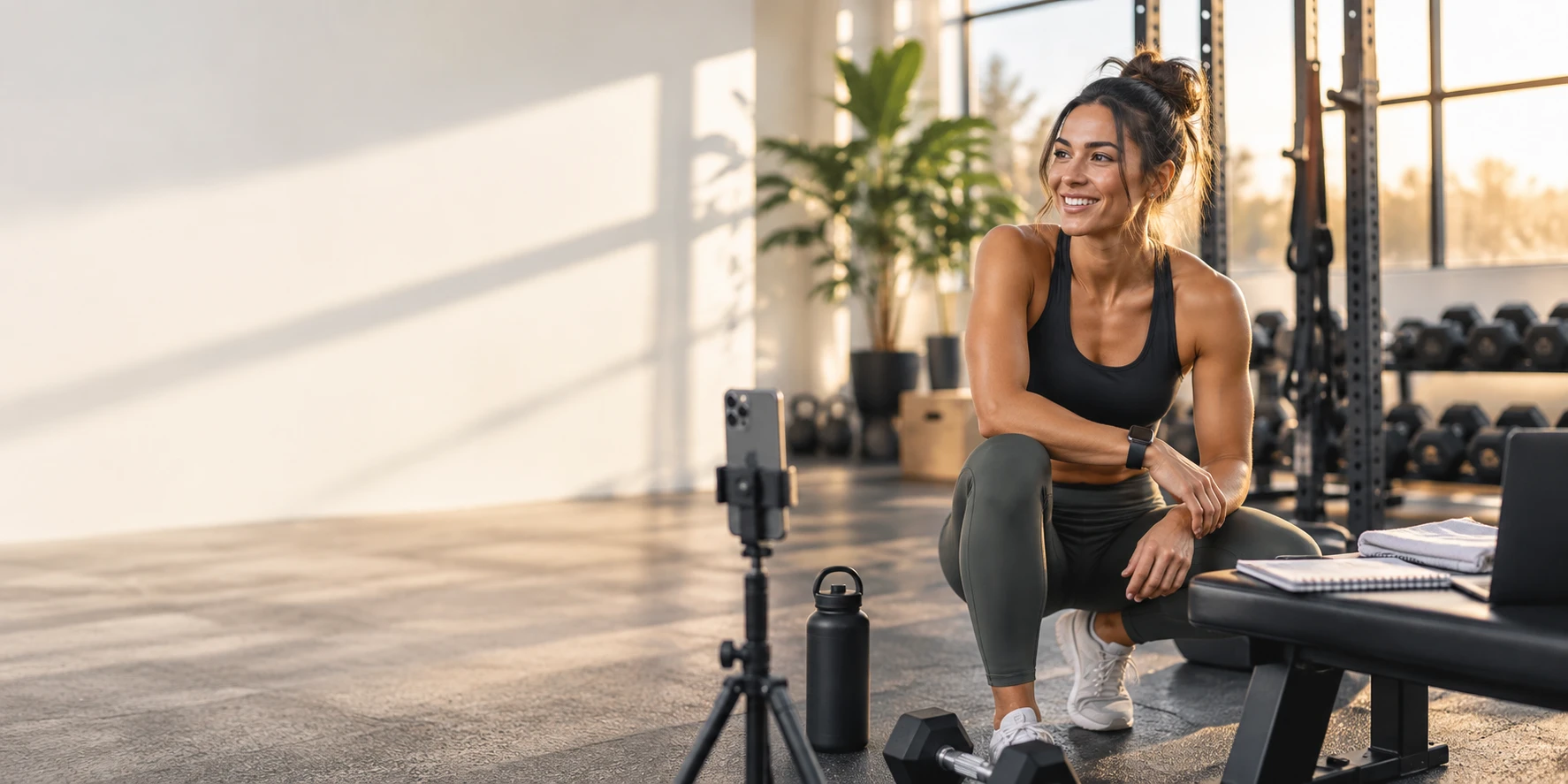 A fitness coach crouched in a sunlit gym, smiling off camera, a phone on a tripod ready to film and dumbbells racked behind