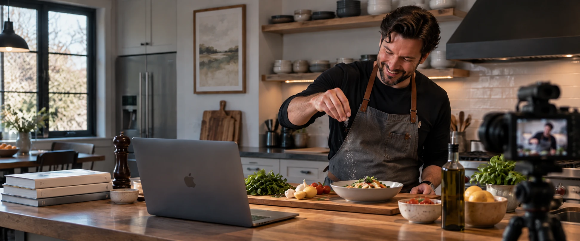 A cook in an apron seasoning a bowl of pasta at a wooden kitchen island, filmed by a camera on a tripod, a laptop, fresh herbs, garlic, tomatoes, lemons and a bottle of olive oil on the counter