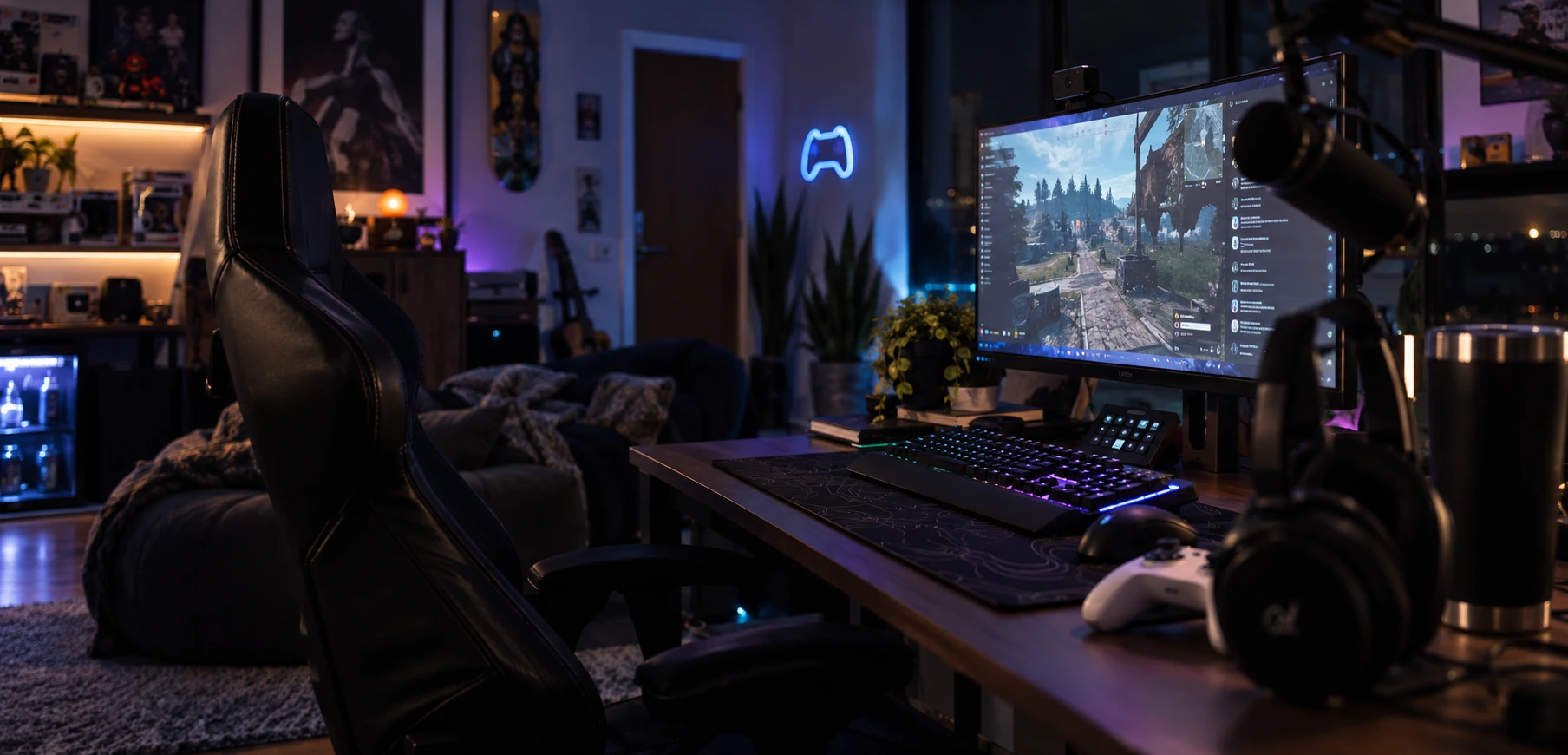 A streaming desk at night, a game and its live chat on a wide monitor, a studio mic and a controller by the keyboard, a neon gamepad sign glowing on the wall behind