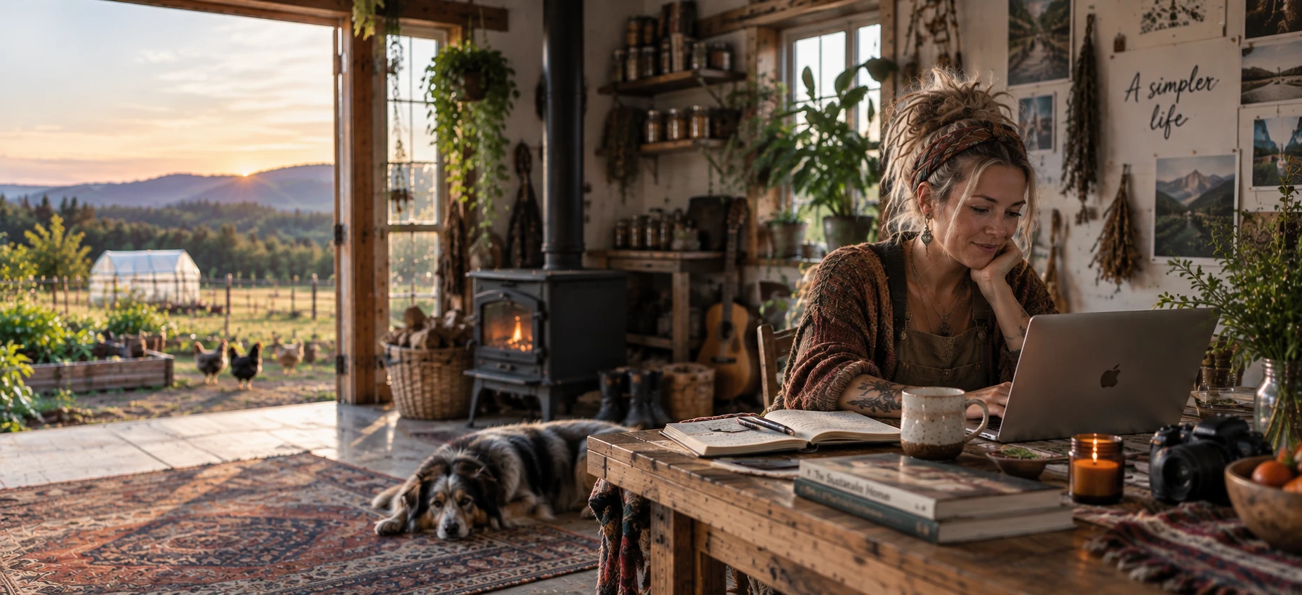 A creator in a patterned headband and a knit cardigan smiling at a laptop at a worn wooden table in a farmhouse room at sunset, a speckled mug, an open journal, a stack of books, a lit candle and a camera on the table, a wood stove, a guitar, jars on shelves and bundles of dried herbs behind, a dog lying on a rug, and a garden, chickens and a greenhouse through the open barn door