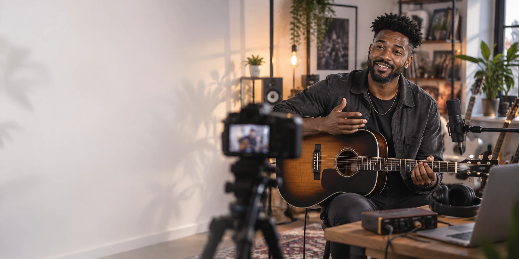 A musician with an acoustic guitar in a sunlit home studio, talking to a camera on a tripod, a studio mic, headphones and an audio interface on the desk