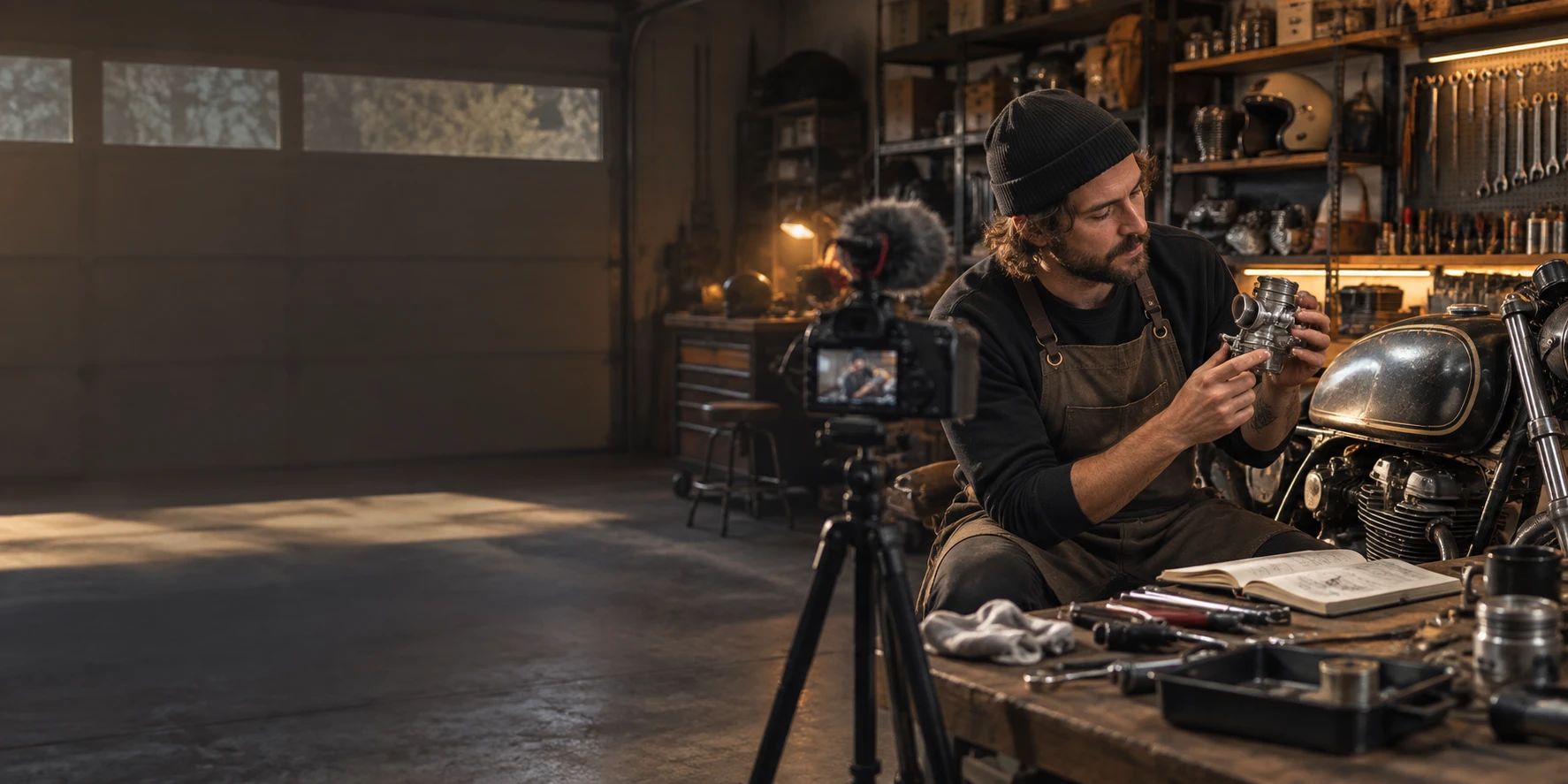 A restorer in a black beanie and a canvas apron studying a carburetor in both hands beside a vintage motorcycle in a garage workshop, a camera with a furry mic filming from a tripod, a service manual open among wrenches and screwdrivers on the workbench, shelves of parts and helmets and a pegboard of wrenches behind, and daylight through the windows of the garage door