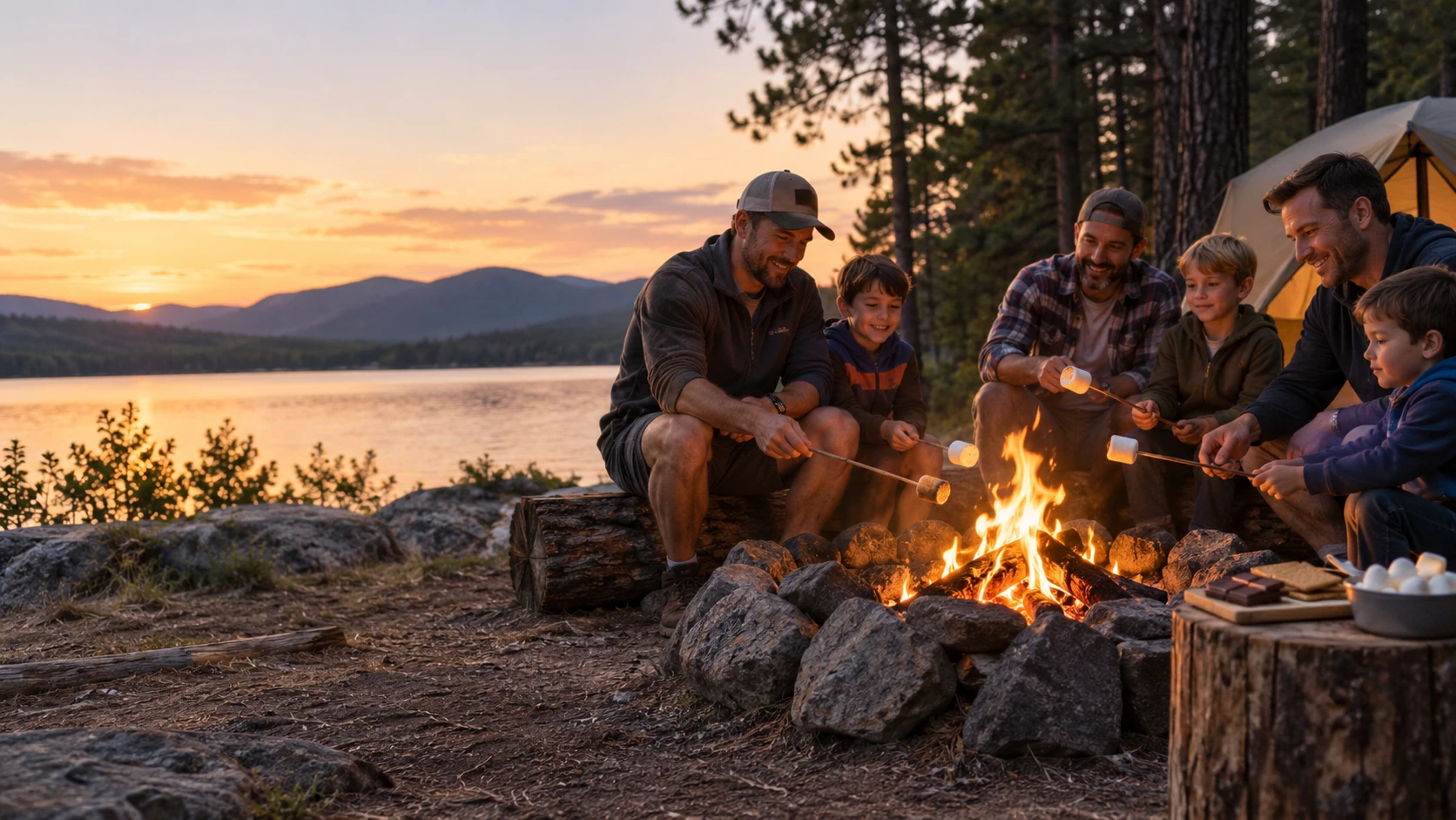 Three parents and their kids roasting marshmallows over a campfire ringed with rocks on a lakeshore at sunset, a tent and tall pines behind them, chocolate and graham crackers on a board and a bowl of marshmallows on a stump beside the fire, and the sun going down behind the mountains across the lake