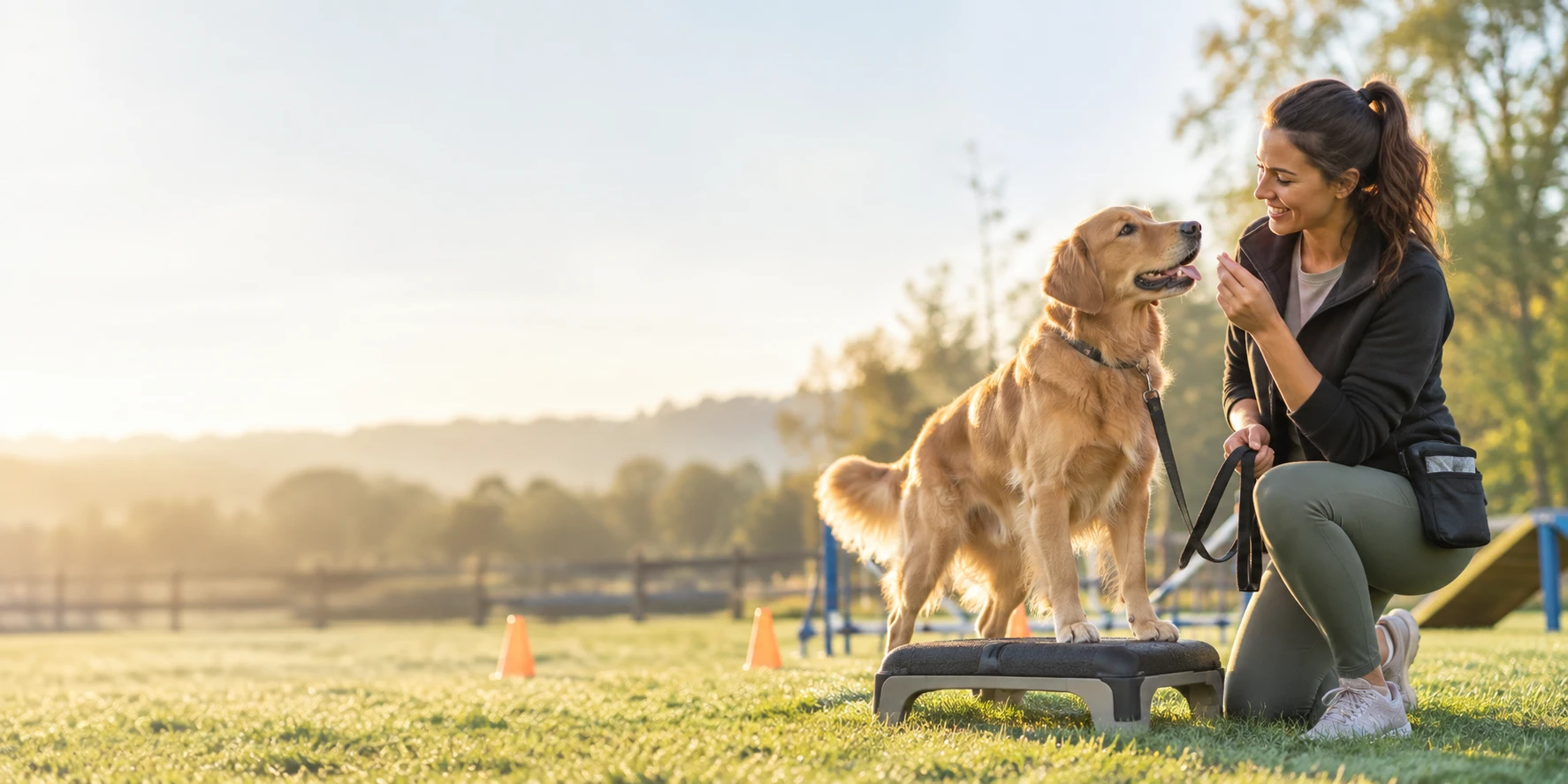A dog trainer kneeling on the grass of a training field in the low morning sun, holding up a treat to a golden retriever standing with its front paws on a training platform, orange cones, blue agility jumps and a ramp behind them, and hazy hills beyond a wooden fence