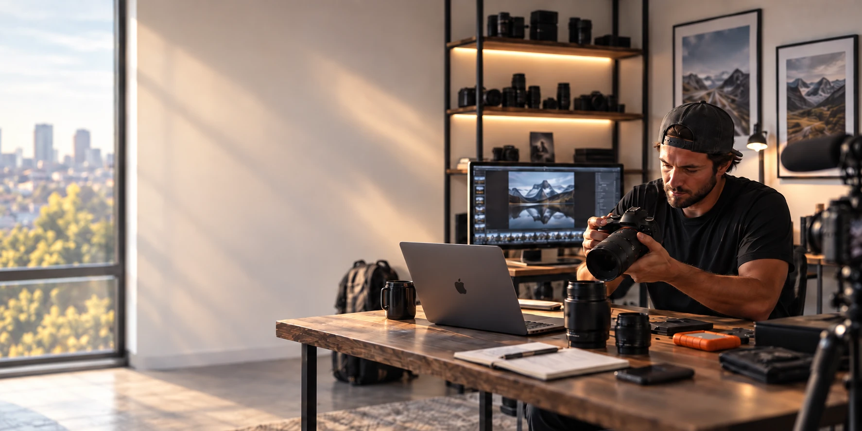 A photographer at a desk in a sunlit studio checking a camera, a mountain lake edit open on the monitor, cameras lined up on the lit shelves and the city through the window