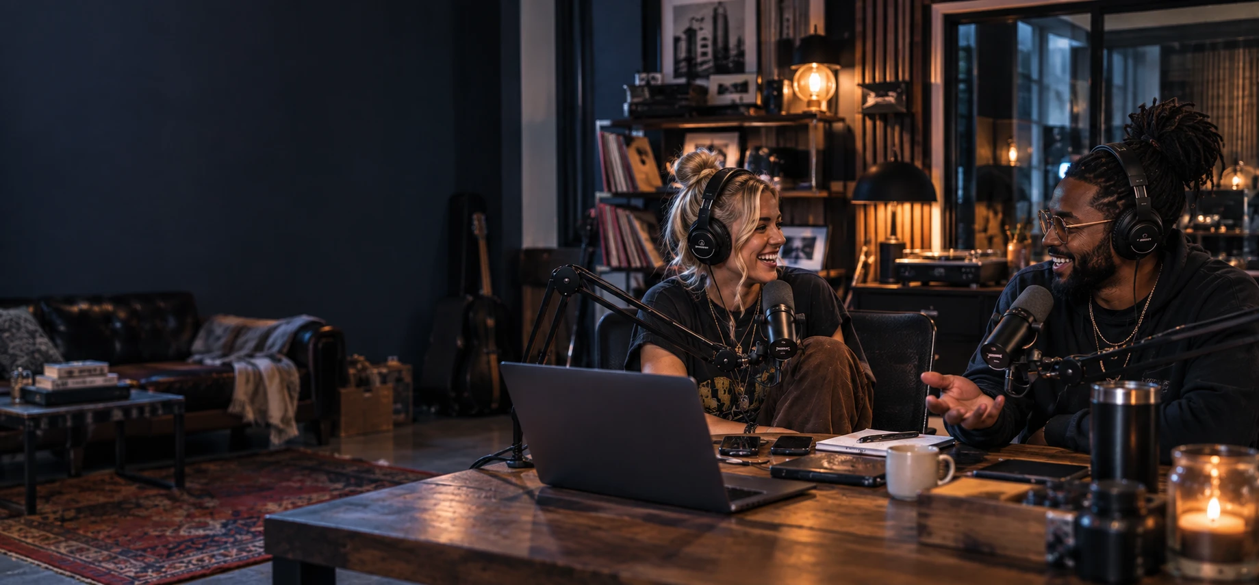 Two podcast hosts in headphones laughing at their mics across a wooden table in a home studio at night, a laptop, a notebook and a lit candle on the table, and a leather sofa, a guitar and shelves of records under warm lamps behind