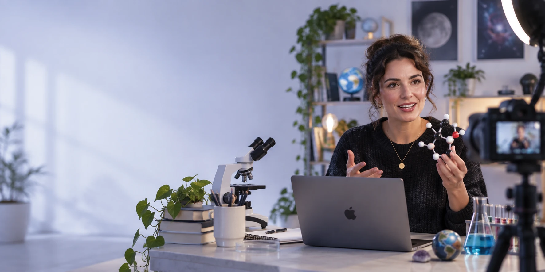 A science communicator in a black sweater holding up a molecular model and explaining it to a camera on a tripod, a microscope, a laptop, a flask of blue liquid and a small globe on the desk, and a moon and a galaxy poster on the wall behind