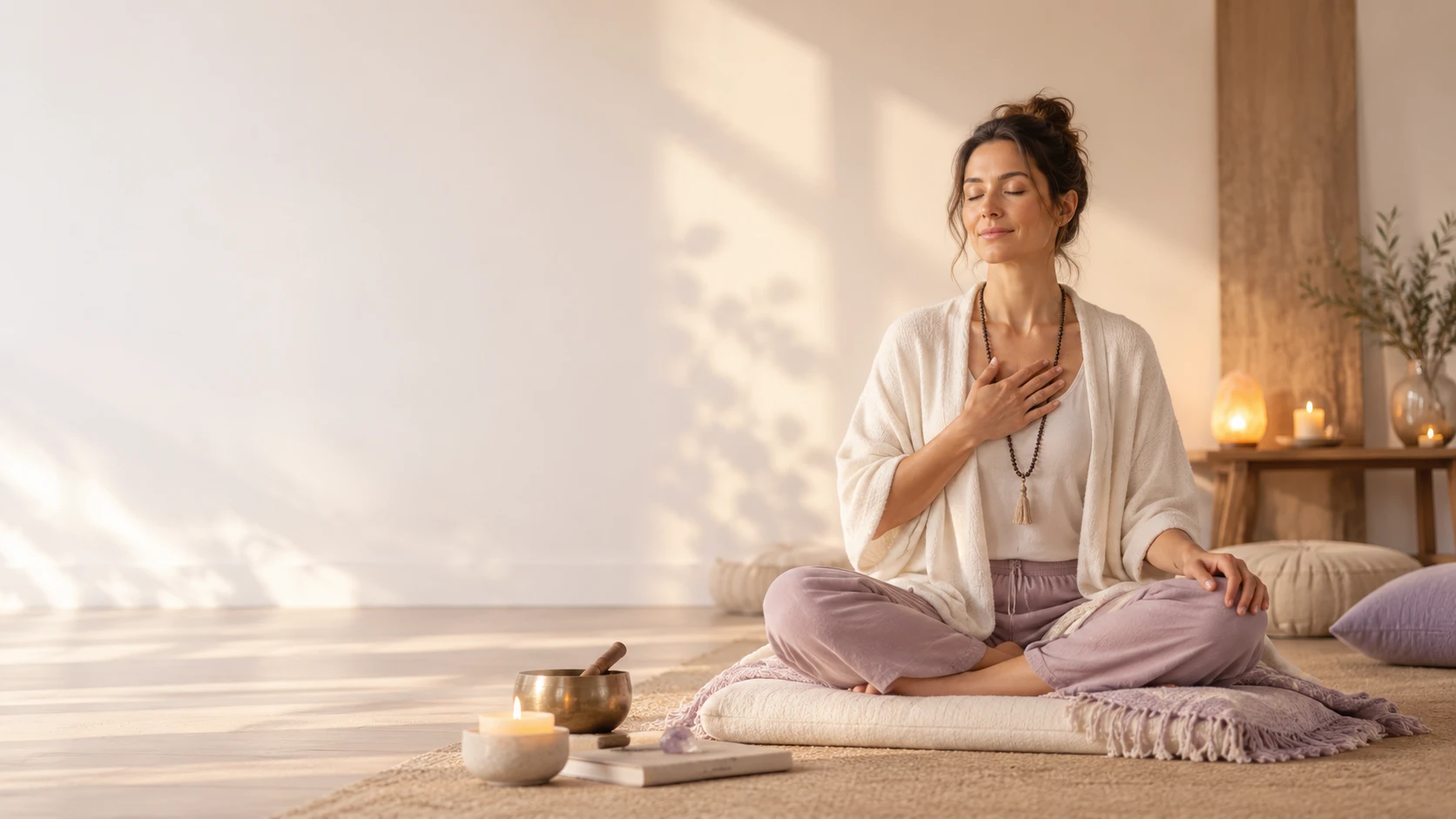 A meditation teacher sitting cross-legged on a floor cushion with eyes closed and one hand on the heart, in an open knit cream cardigan, lilac pants and a mala of dark beads, a brass singing bowl, a lit candle in a stone cup, a book and an amethyst on the jute rug in front, and a glowing salt lamp, candles and olive branches on a wooden table behind, with warm sunlight and leaf shadows across a white wall