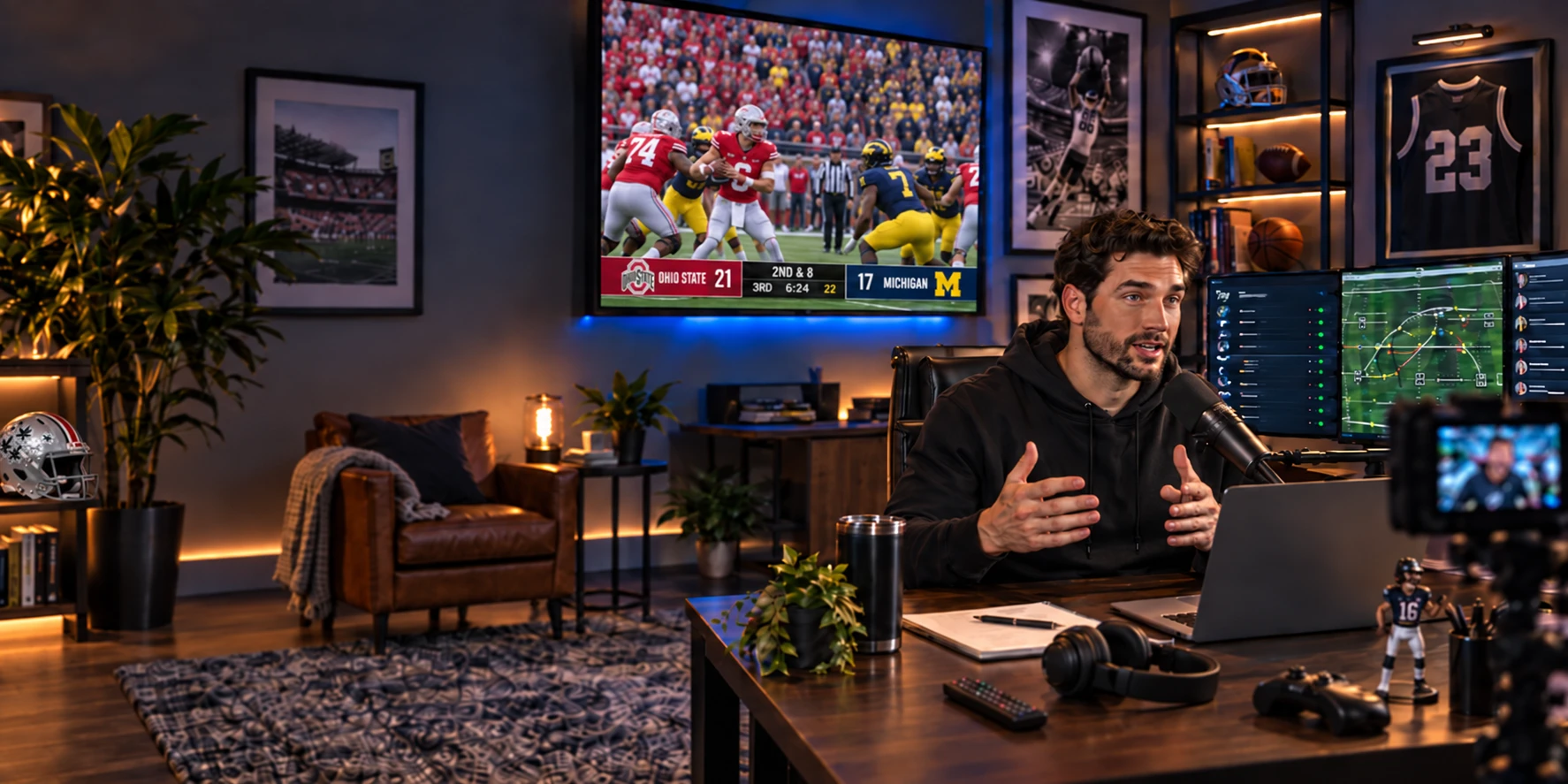 A sports analyst in a black hoodie at a desk in a home studio at night, talking to a camera across a laptop and a podcast mic, a college football game on the wall TV behind, a play diagram on the monitors, and a helmet, a football and a framed jersey on the lit shelves
