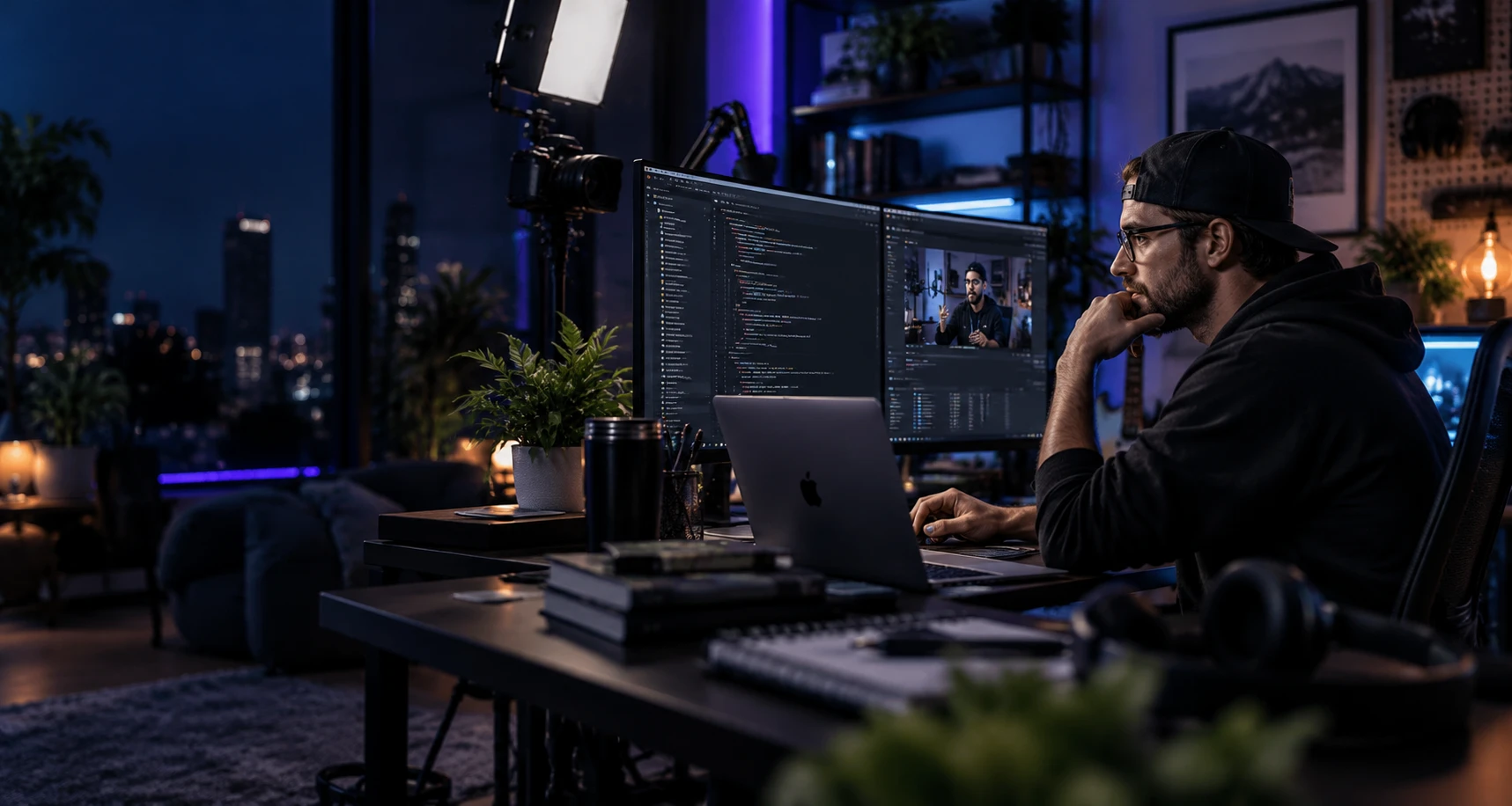 A creator at a desk at night, code on one monitor and a video edit on the other, the city lit up through the window