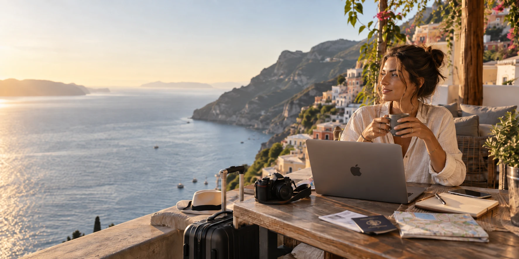 A traveler with a coffee at a laptop on a terrace high above the sea in the low sun, a camera, a passport and a map on the table, a sun hat and a suitcase beside it, pastel houses climbing the cliffs behind