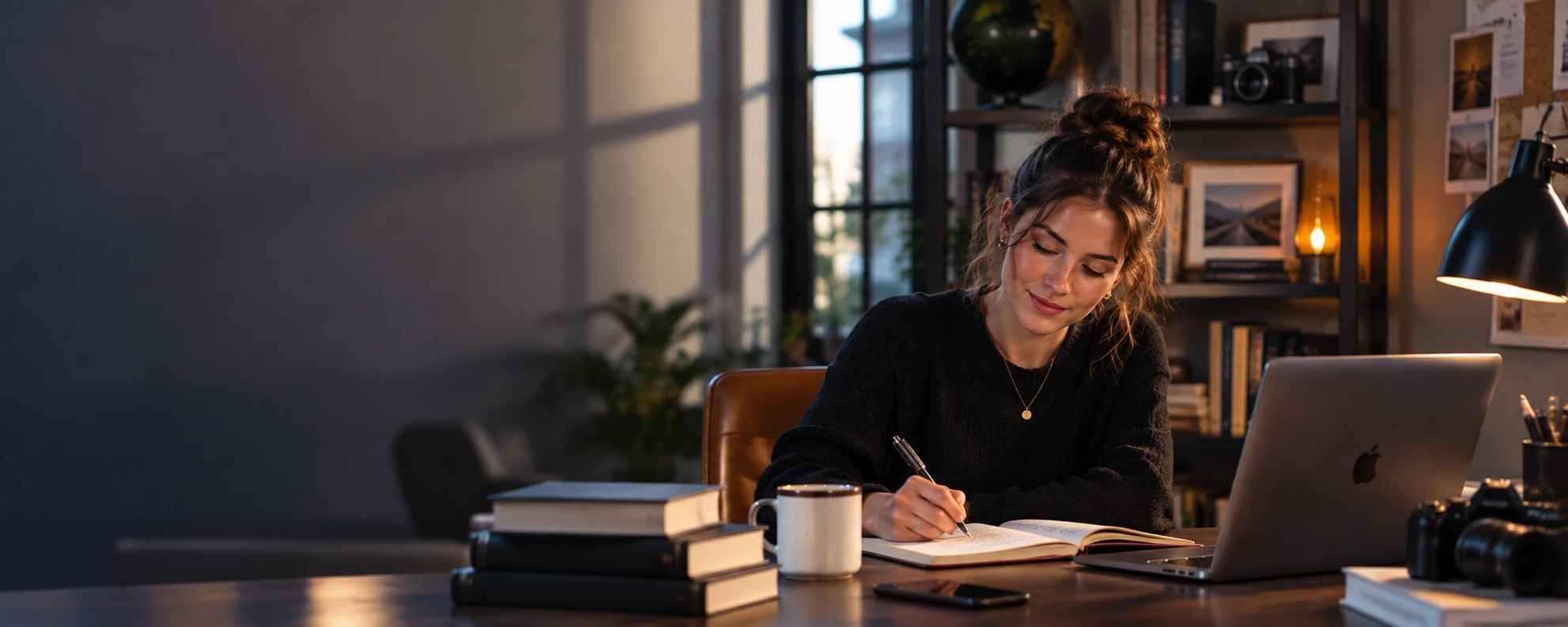 A writer in a black sweater smiling over an open notebook at a desk at dusk, pen in hand, a stack of books and a mug beside it, a laptop and a camera to the right, and shelves of books, framed photos and a lit oil lamp behind