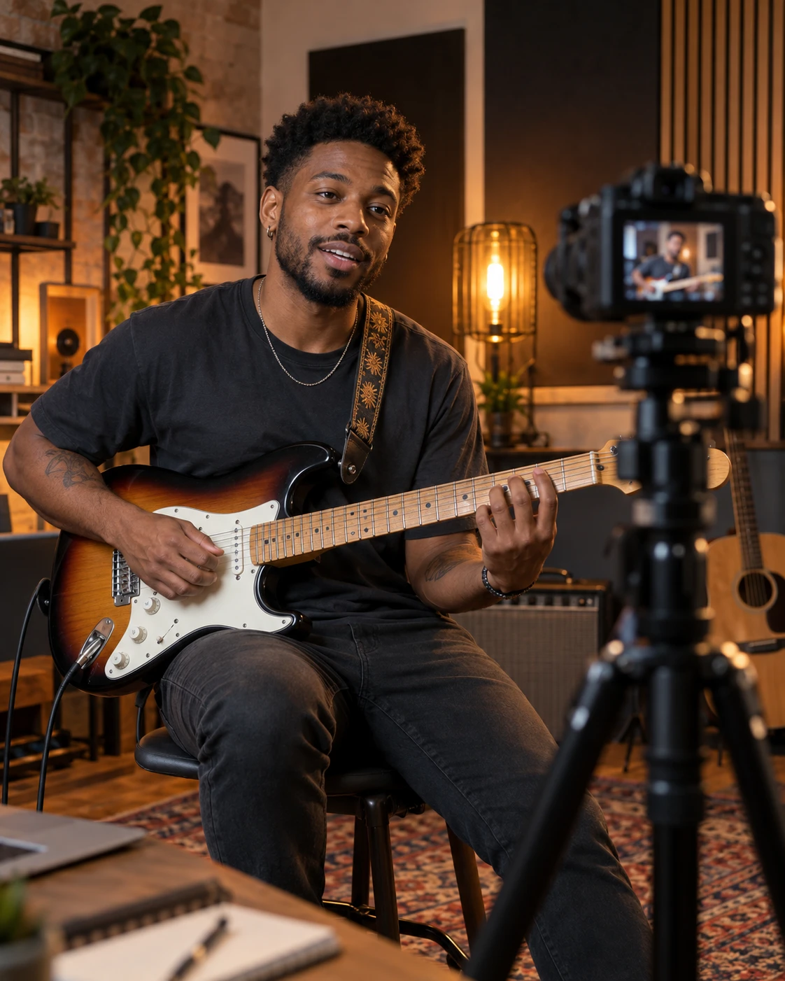 A guitarist on a stool teaching a part to a camera on a tripod
