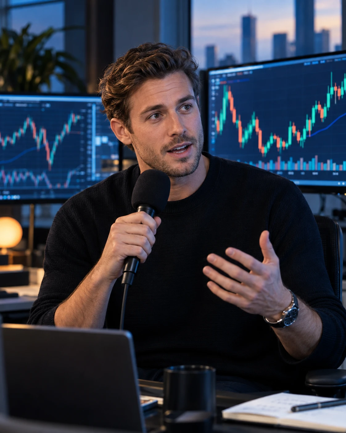 A host talking into a handheld mic with live market charts on the screens behind him