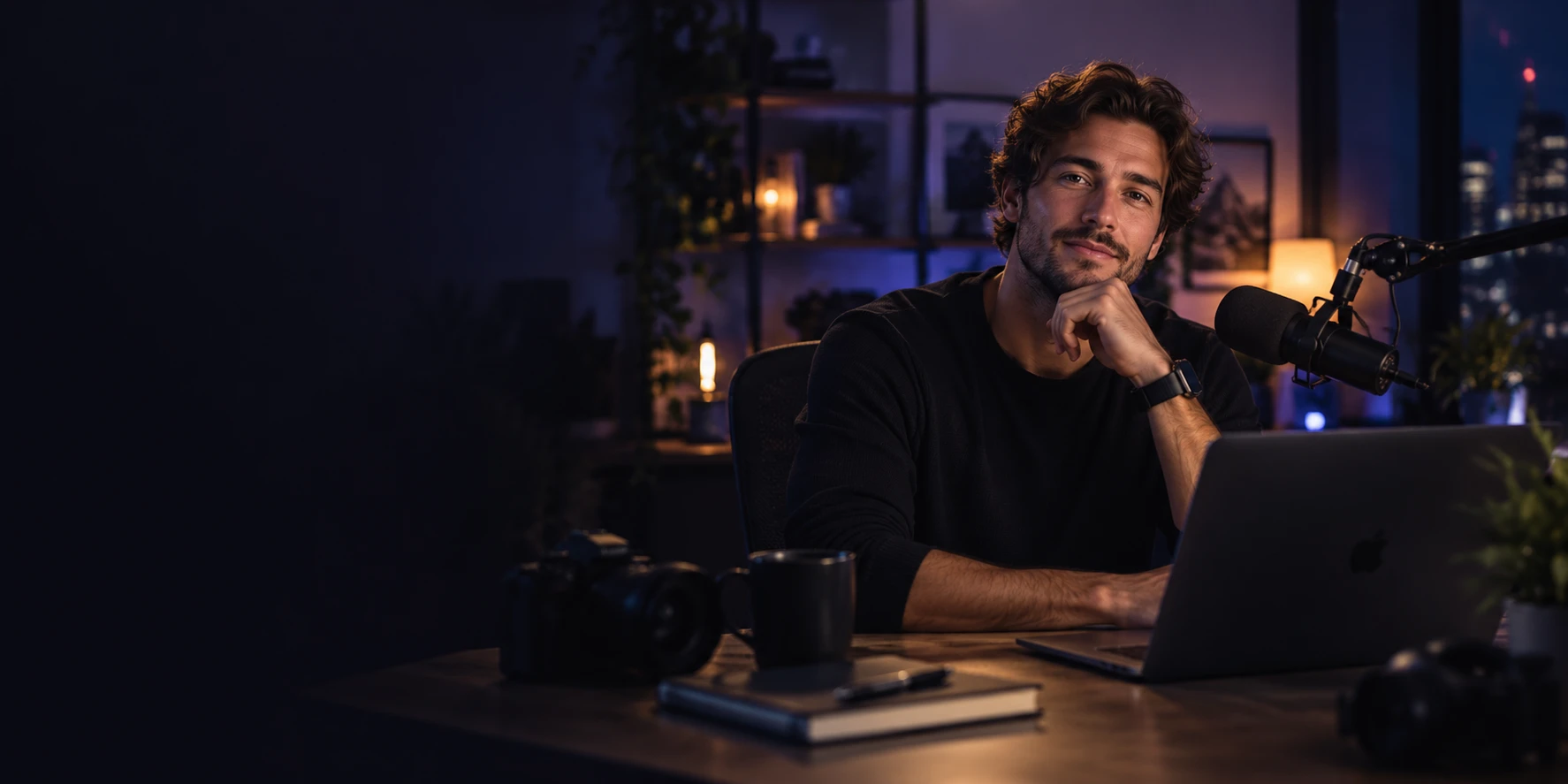A creator at a lit desk at night, looking into the lens beside a studio mic