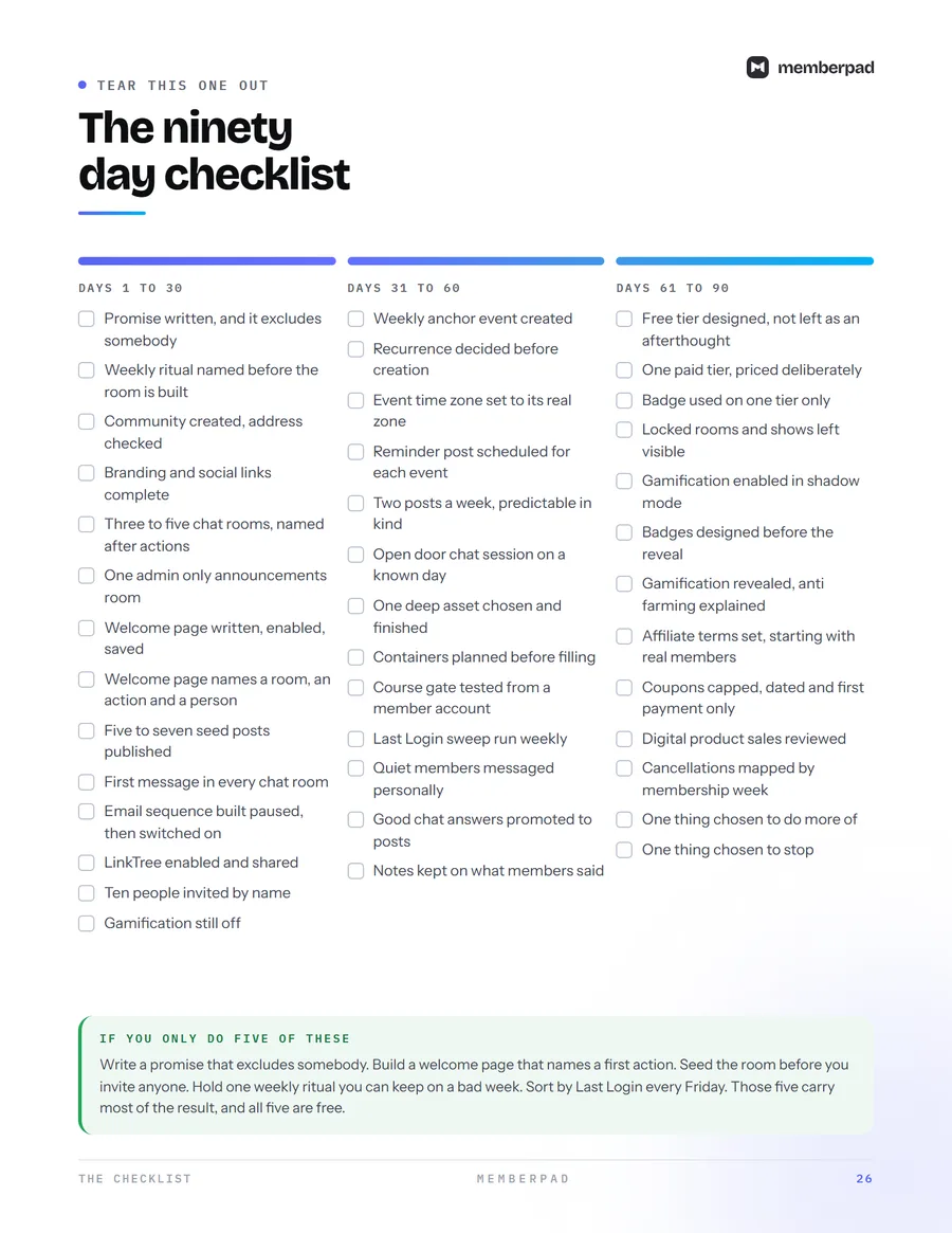 A page from the guide holding the full ninety day checklist in three columns