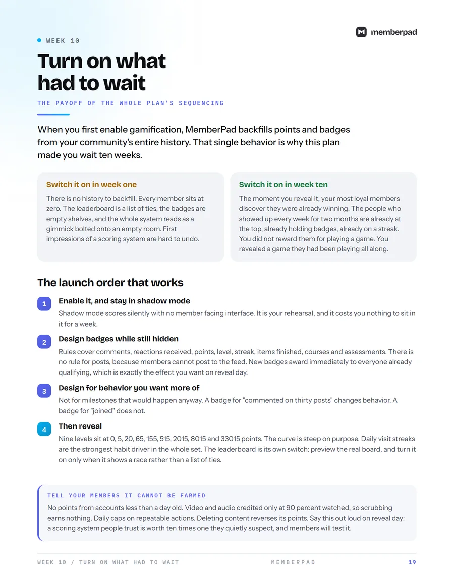 A page from the guide explaining why to switch a scoring system on in week ten rather than week one