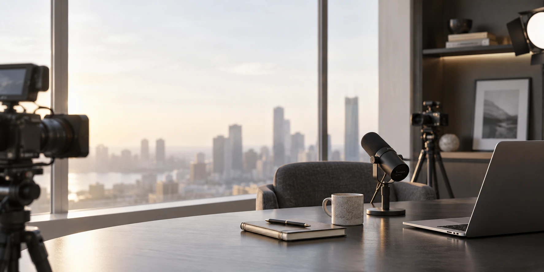 An interview set in a studio high above the city in low sun, a studio mic, a coffee mug, a notebook and a laptop on the desk, and cameras on tripods