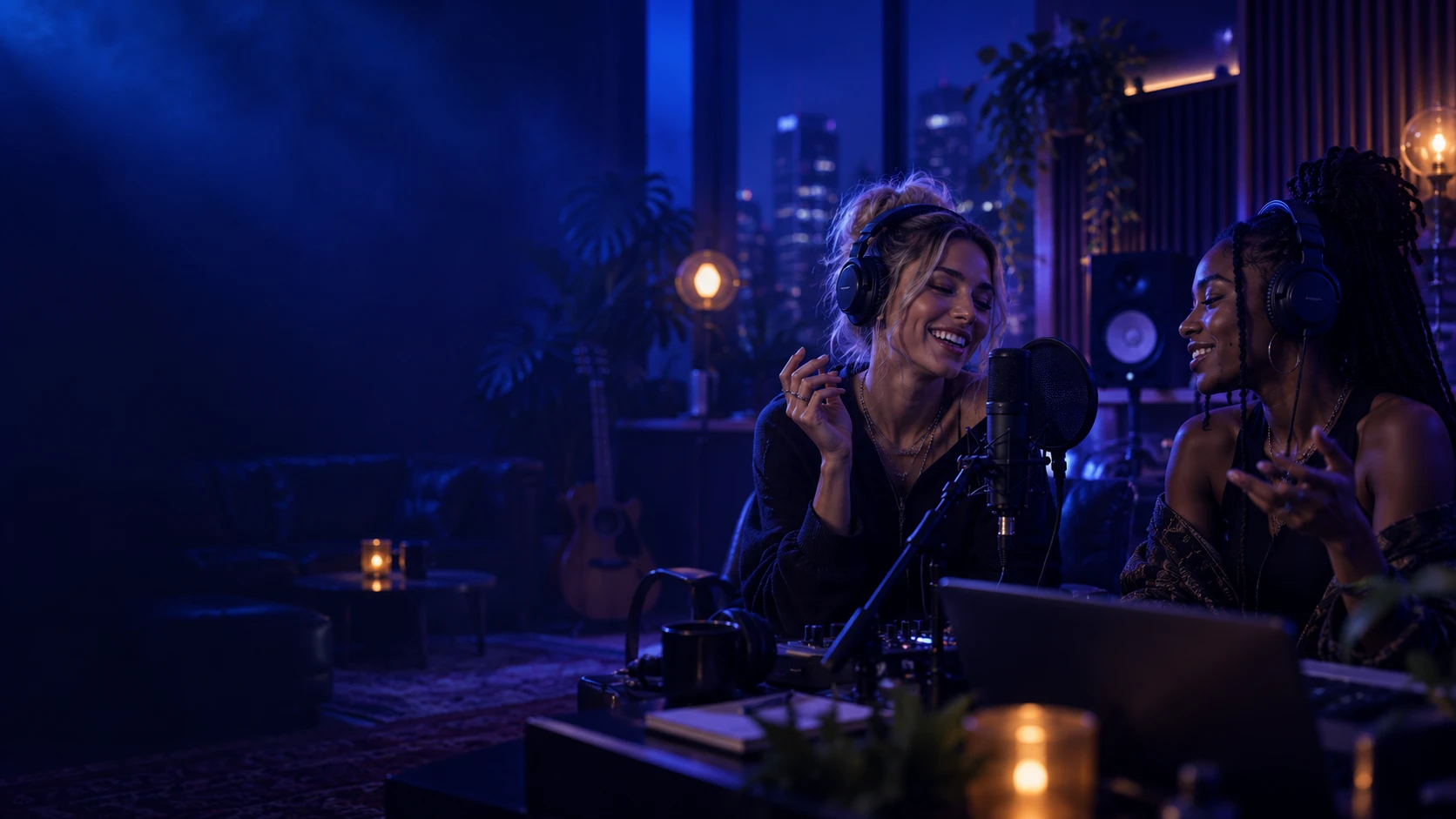 Two podcast hosts in headphones laughing at a studio mic at night, a city skyline through the window