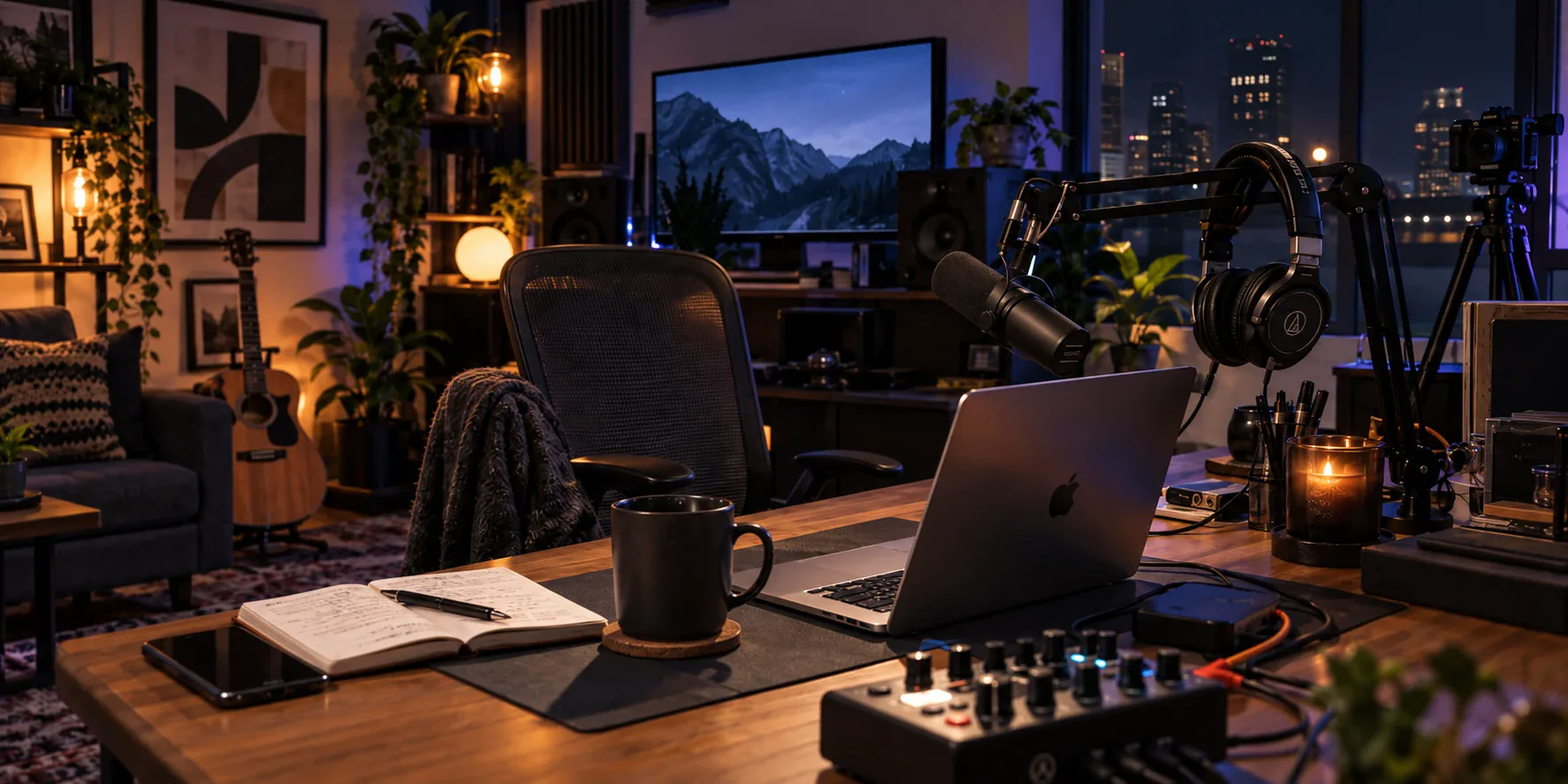 A creator's desk at night, laptop open beside a studio mic, headphones and a mixer